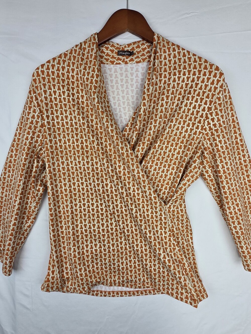 J. McLaughlin Top Women's Small Orange Chain Print Faux Wrap Smooth Stretch